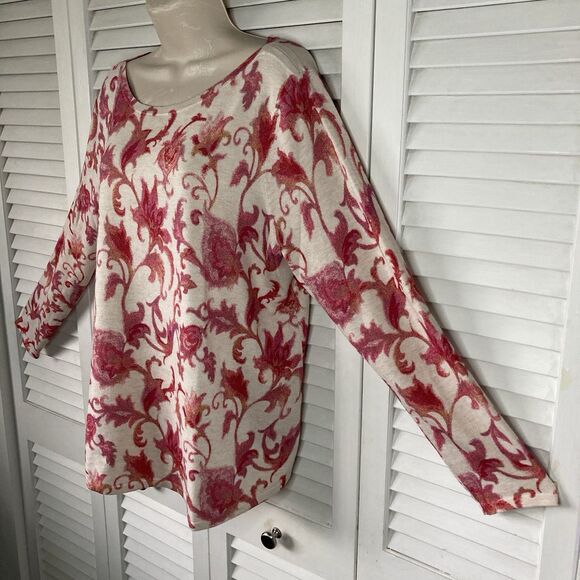 Chico's White/Cream w/ Pink Floral Design Pullover Sweater 2 (L) - Picture 3 of 8